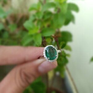 Oval Emerald & Diamond Art Deco Ring in 18k Solid Gold